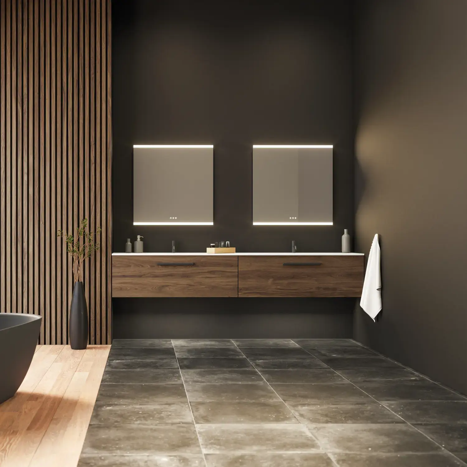 Große Badezimmer-Inspiration mit Waschtischunterschränken und braunen Eichendielen, freistehender Badewanne, und quadratischen Spiegeln mit Beleuchtung, elegante Doppelwaschbecken sorgt für einen modernen und symmetrischen Look