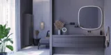 Inspiration für ein großes Badezimmer mit grauem Waschtischunterschrank mit integriertem Griff, stilvollem, seitlich montiertem Waschbecken, quadratischem Spiegel mit abgerundeten Ecken, Wänden in Betonoptik und rohen Materialien für einen urbanen Look