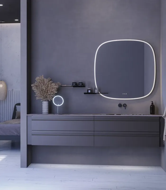 Inspiration für ein großes Badezimmer mit grauem Waschtischunterschrank mit integriertem Griff, stilvollem, seitlich montiertem Waschbecken, quadratischem Spiegel mit abgerundeten Ecken, Wänden in Betonoptik und rohen Materialien für einen urbanen Look