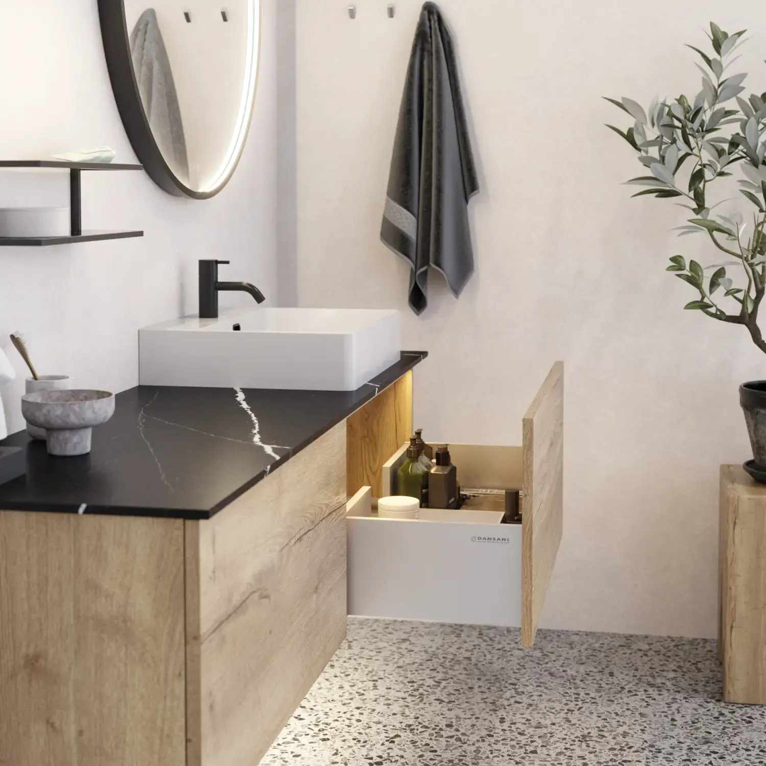 Großes urbanes Badezimmer mit Möbeln aus Eichenholz, Steinplatte mit quadratischem Becken, rundem Spiegel mit schwarzem Rand, Naturfarben und Terrakottaboden für einen industriellen und modernen Look