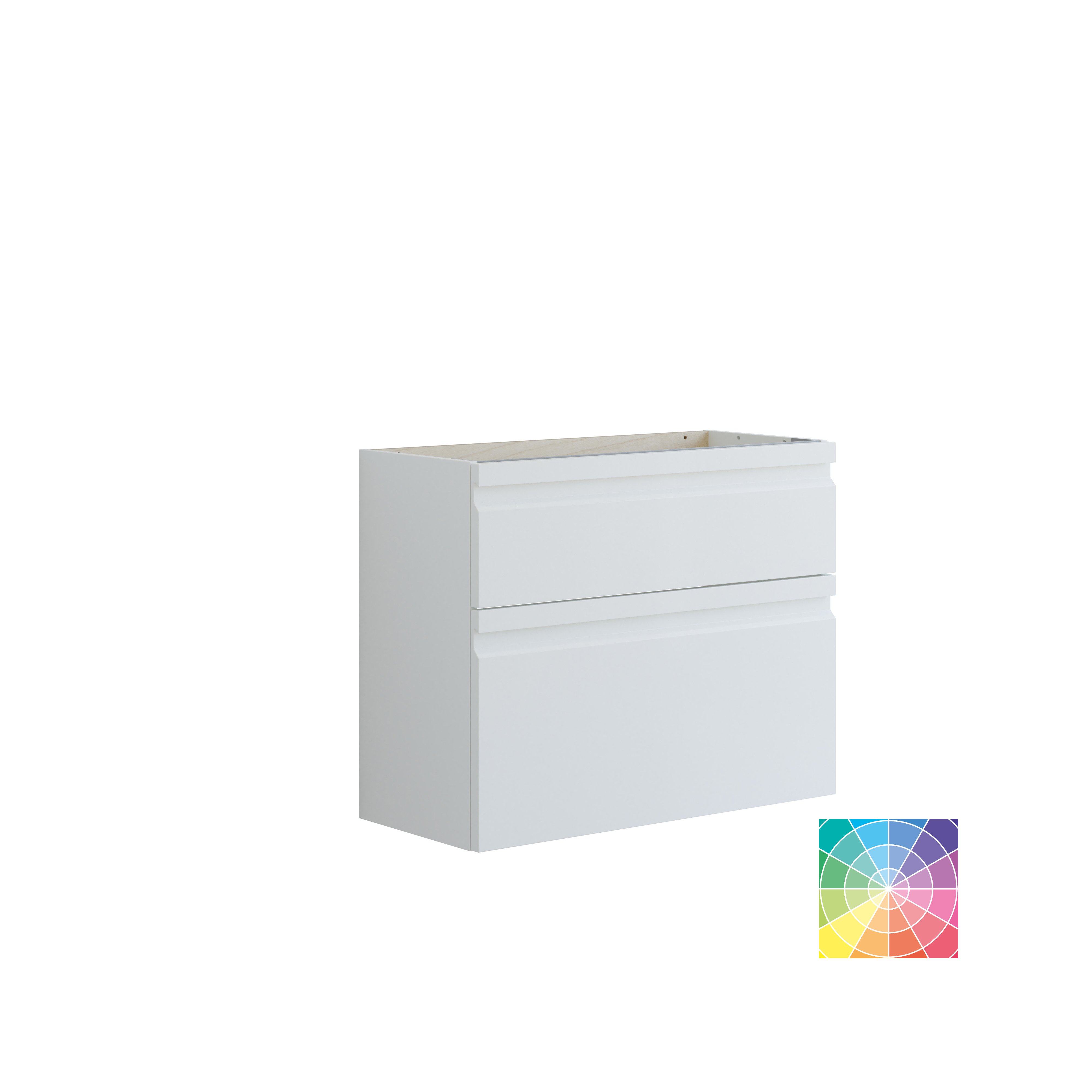 Kleine Badezimmer-Inspiration mit Waschtisch und Schrank über der Toilette in beige Spezialfarbe, eleganter Spiegelschrank mit integrierter Beleuchtung, die hellen Farben und der weiße Vorhang schaffen eine romantische und feminine Atmosphäre.
