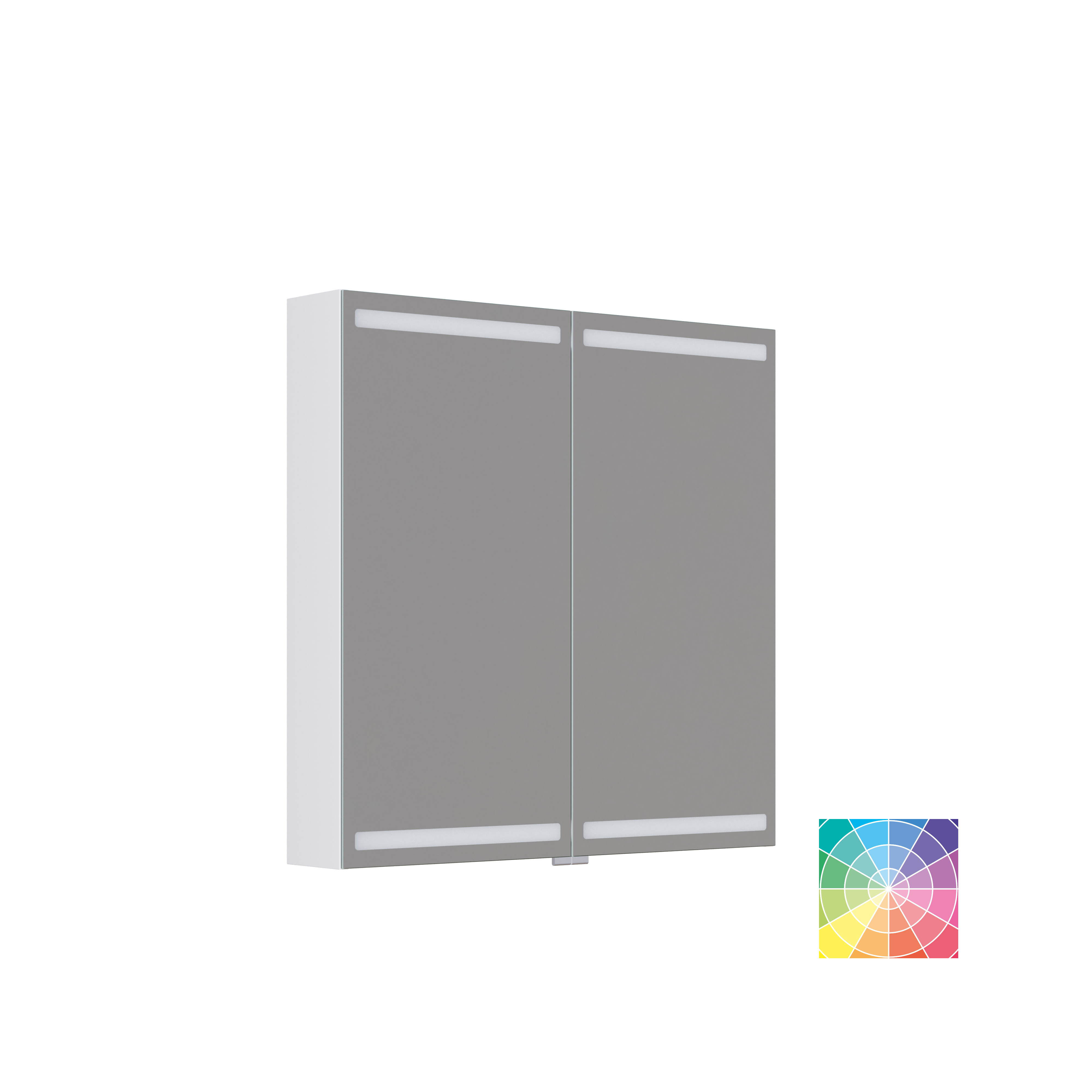 Kleine Badezimmer-Inspiration mit Waschtisch und Schrank über der Toilette in beige Spezialfarbe, eleganter Spiegelschrank mit integrierter Beleuchtung, die hellen Farben und der weiße Vorhang schaffen eine romantische und feminine Atmosphäre.