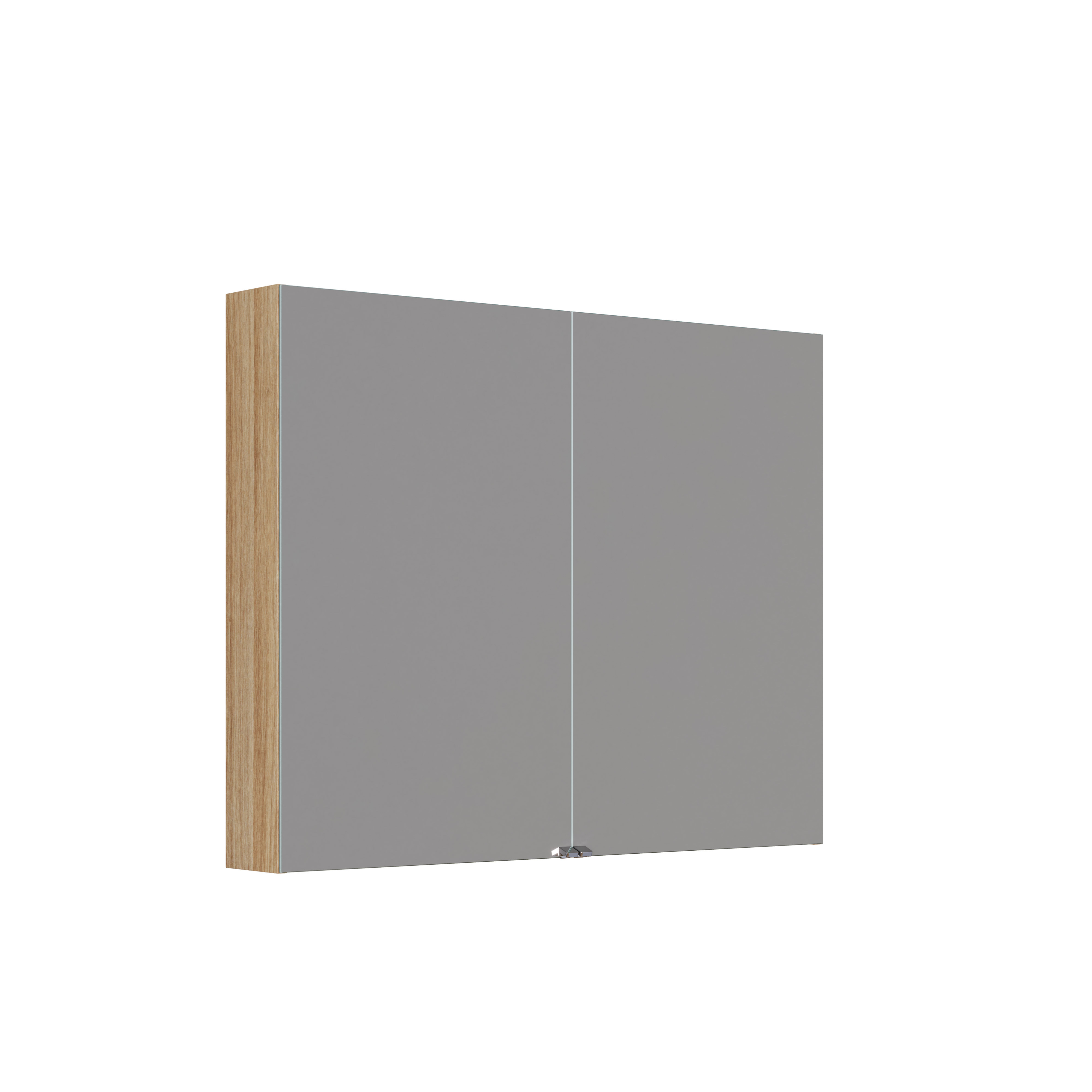 Stilvolle und minimalistische Badezimmereinspiration mit Mikro-Waschtisch und kleinem Waschtischschrank, quadratischem Spiegel mit abgerundeten Ecken und Lampe sowie elegantem Spiegelschrank.
