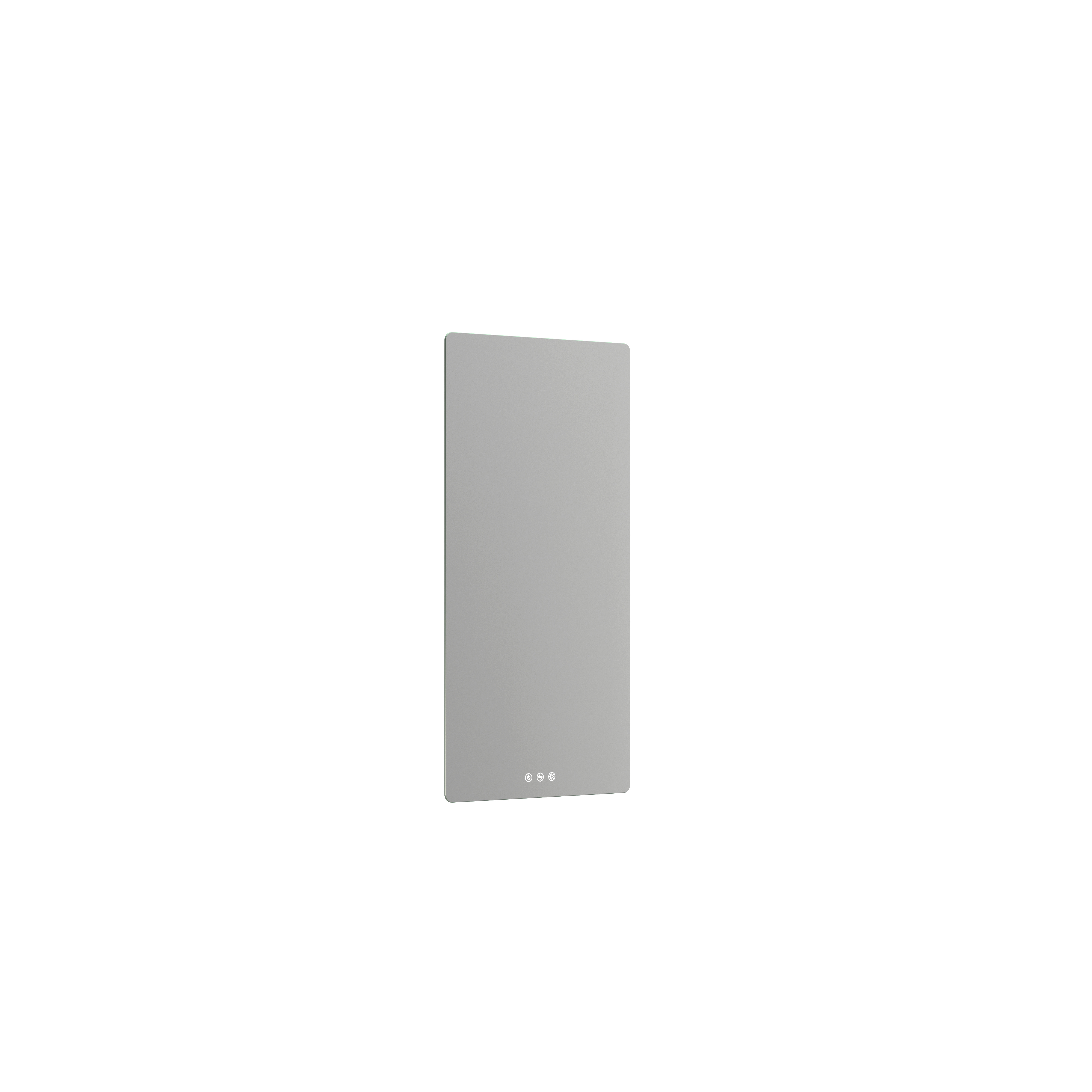 Stilvolle und minimalistische Badezimmereinspiration mit Mikro-Waschtisch und kleinem Waschtischschrank, quadratischem Spiegel mit abgerundeten Ecken und Lampe sowie elegantem Spiegelschrank.