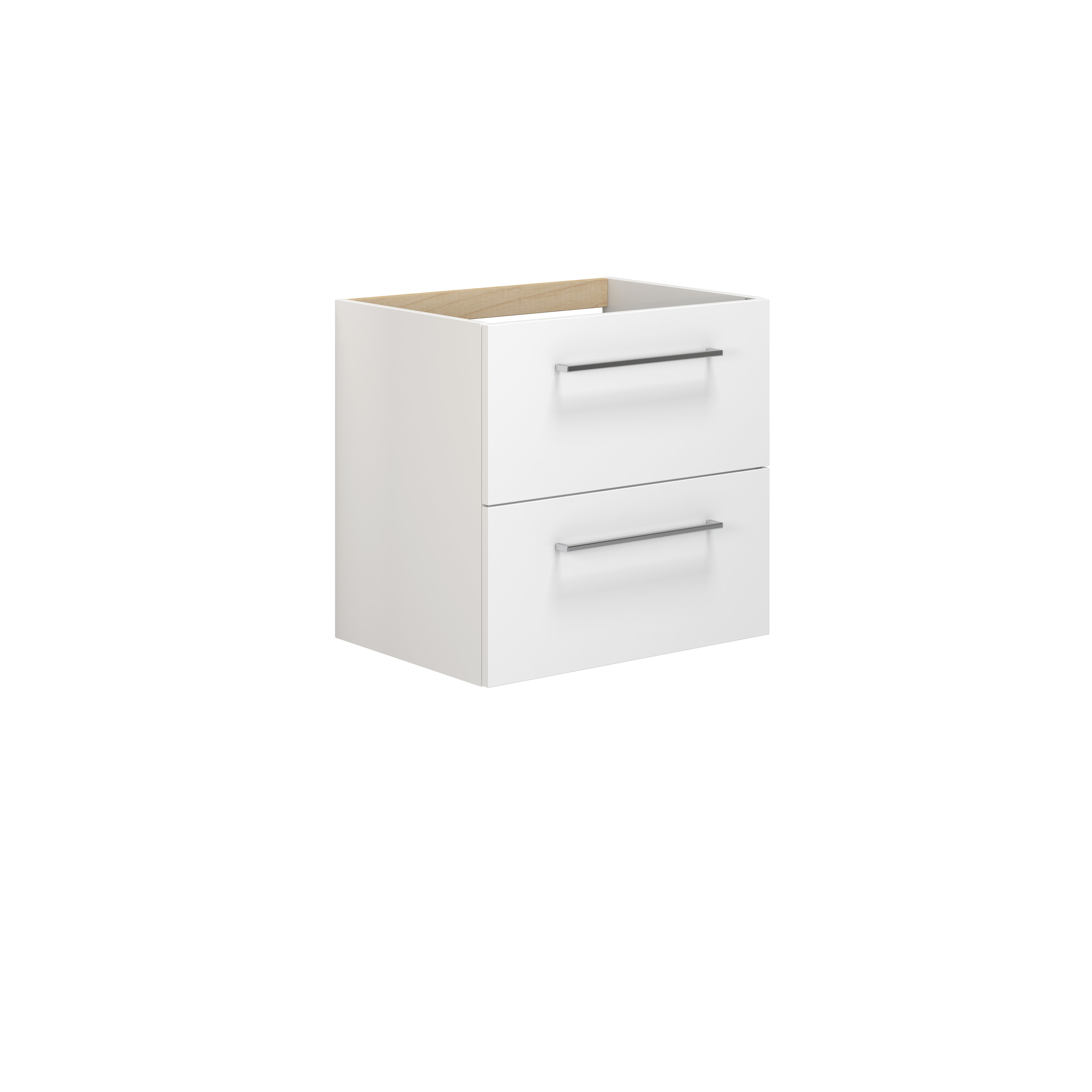 Inspiration für ein Badezimmer mit einem schmalen weißen Waschtischunterschrank mit weißen Griffen und einem eleganten Waschbecken mit einem schönen runden Spiegel mit hellen, weißen Wänden und Holzboden für einen hellen und minimalistischen Look.