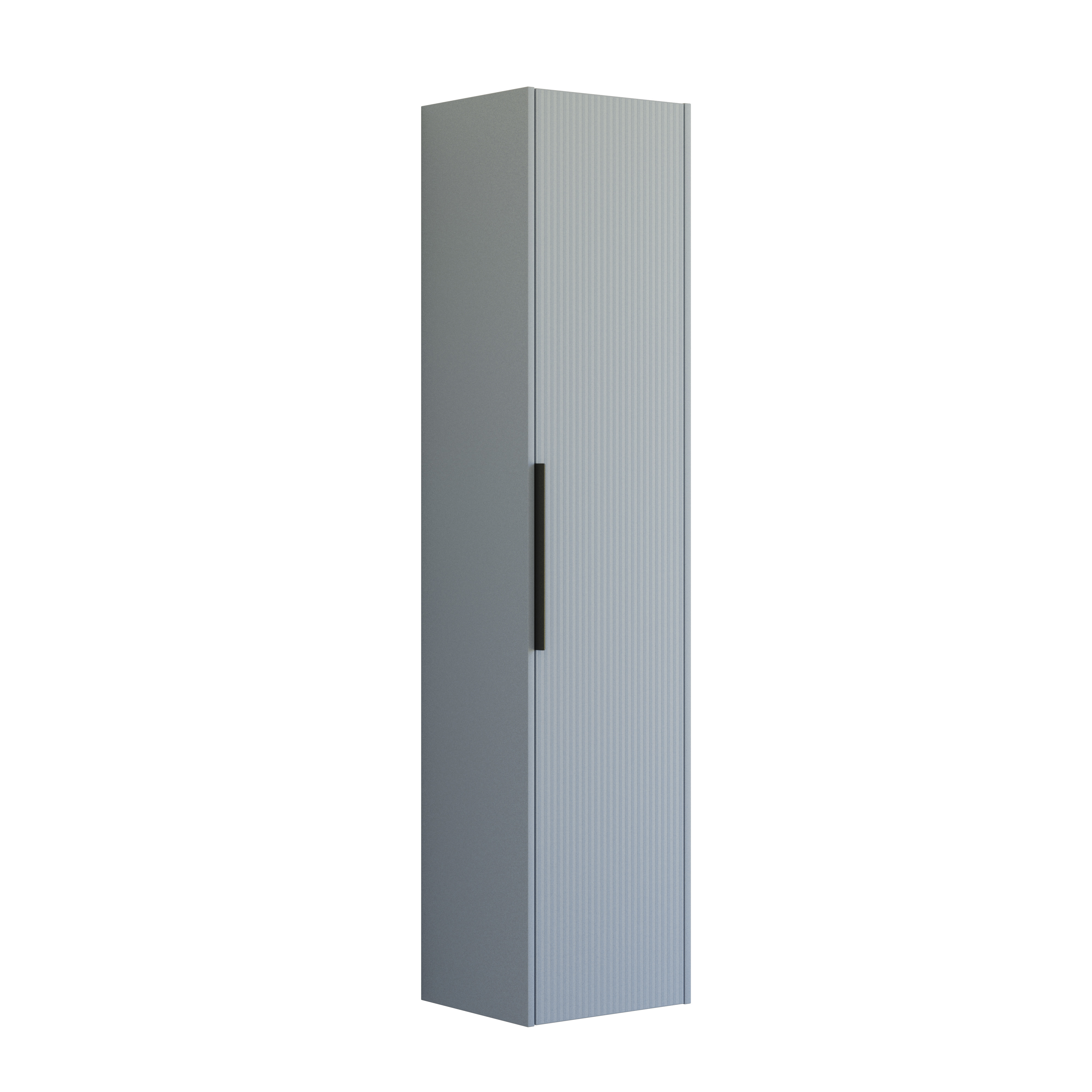 Badezimmerinspiration mit hellblauen Fliesen und Betonboden, elegantem hellblauem Waschtischunterschrank mit schmalen Streifen, dünnem Waschbecken, doppeltem Hochschrank und rundem Spiegel mit schwarzem Rand und Licht.
