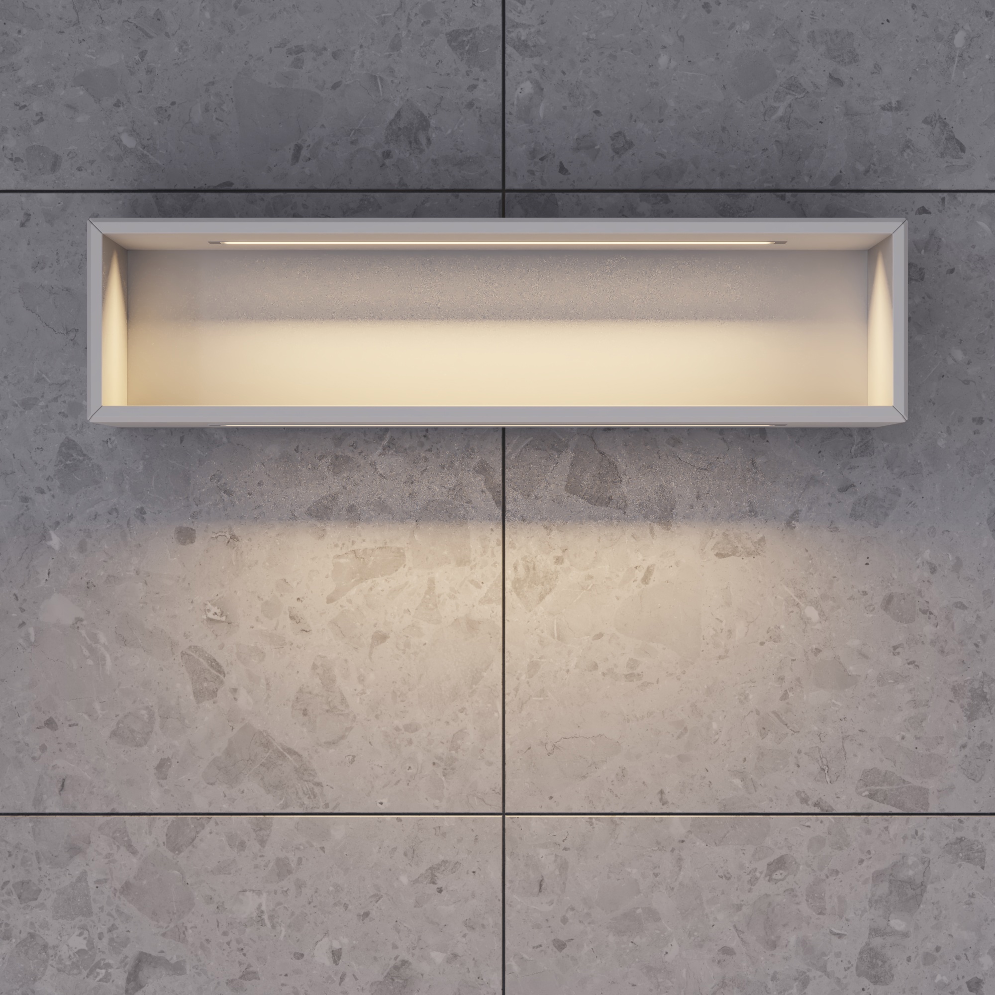 Stilvolle Badezimmer Inspiration mit beigem Waschtischunterschrank mit Innenschublade, Oberschrank, offenem Regal, ovalem Spiegel mit Beleuchtung, passenden Pendelleuchten, Regal unter dem Spiegel und wandhängendem WC